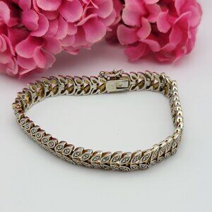 BR KRN Silver And Gold Plated Leaf Link Chain Tennis Bracelet 7" Vintage Signed